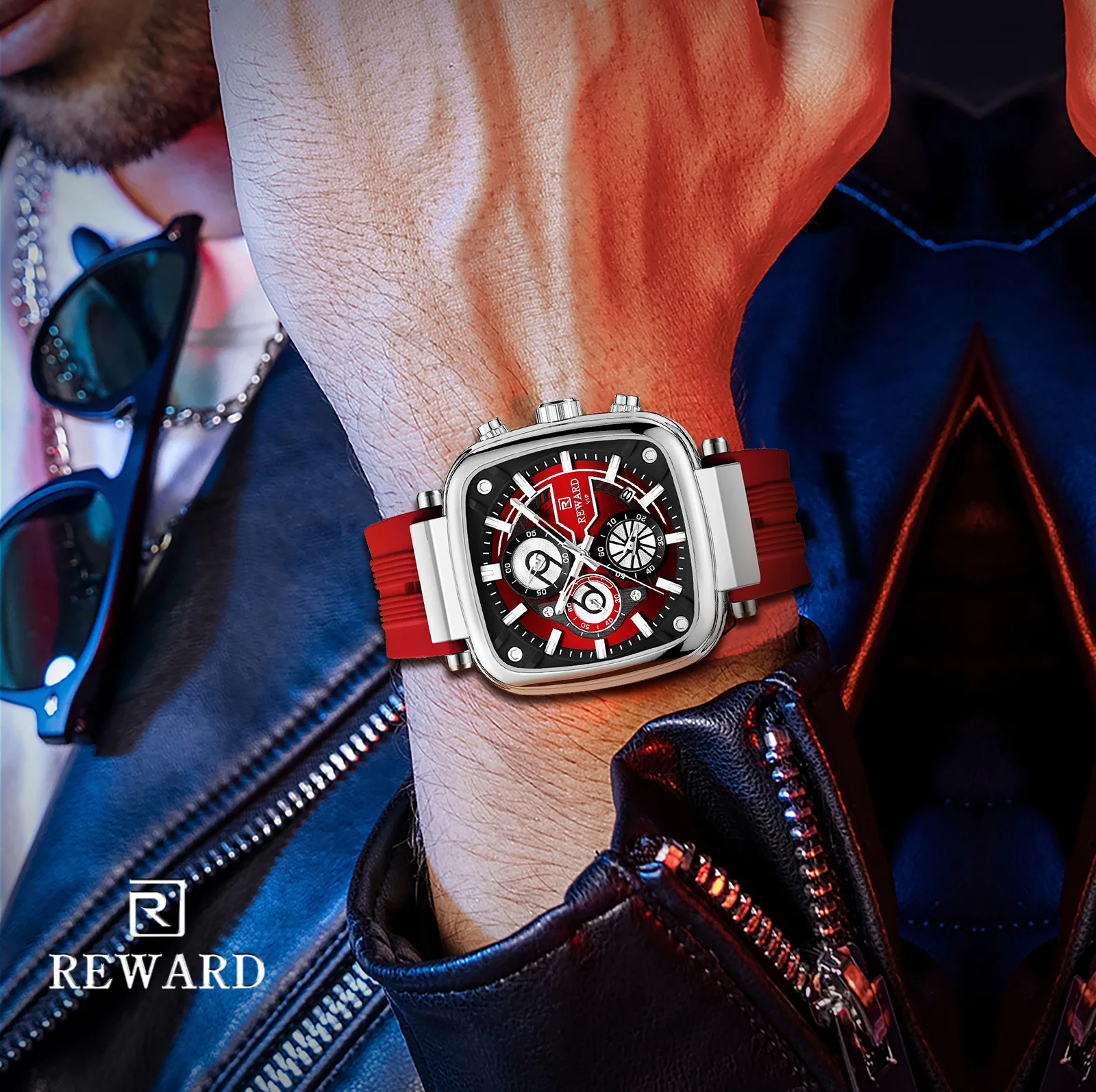 REWARD Casual Sport Quartz Man Watch Top Brand Luxury Red Watches Fashion Clock Man Silicone Strap