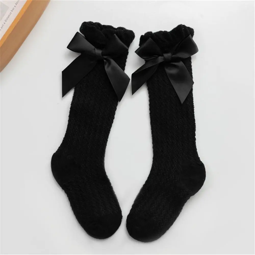 High Quality Solid Color Breathable Cotton Soft Socks Bow Knee High Fishnet Socks Long Stocking Royal Style Knee Stockings