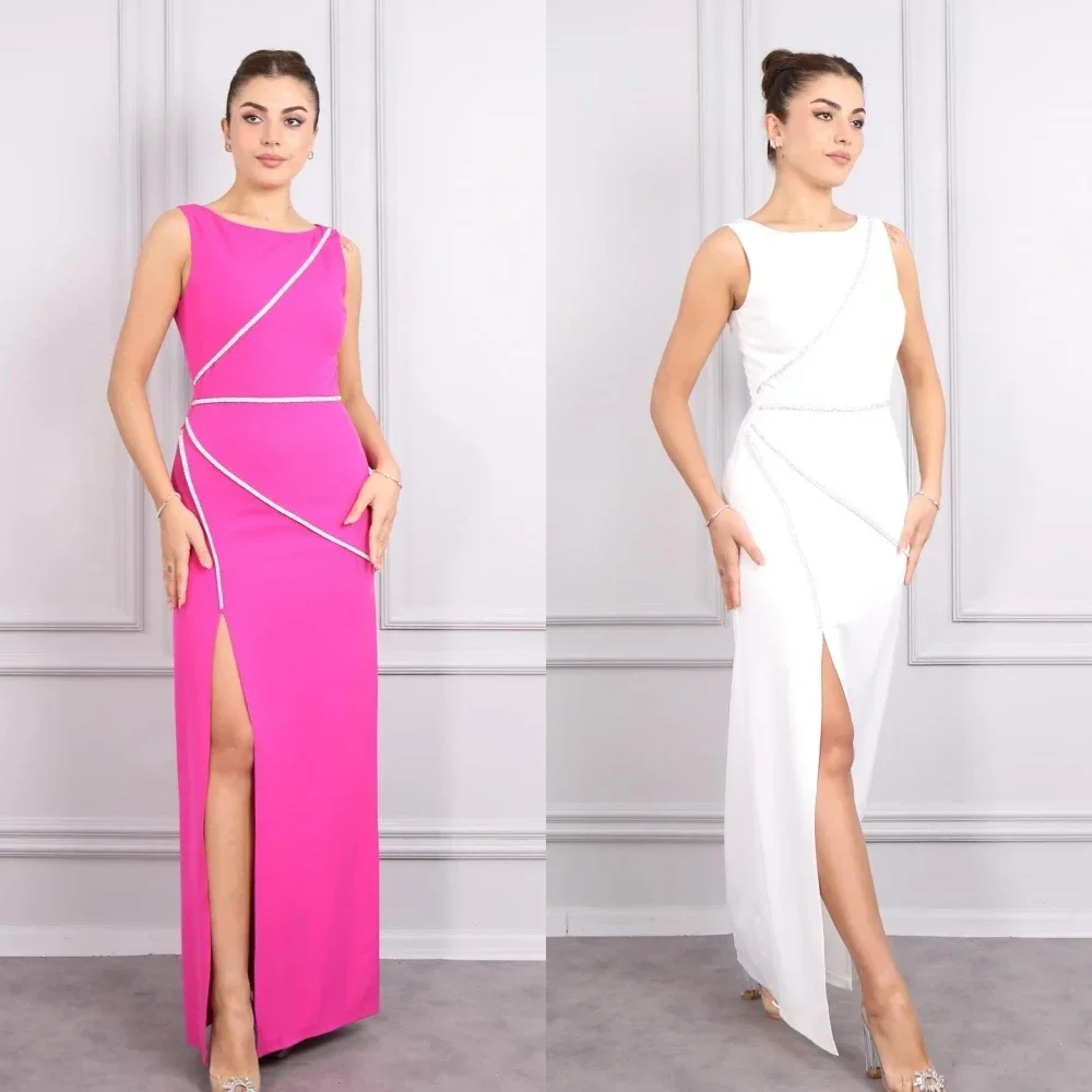 

Customized Prom Dress Simple Sizes Available Jewel A-line Formal Ocassion Gown Anke Length Charmeuse Evening Dresses