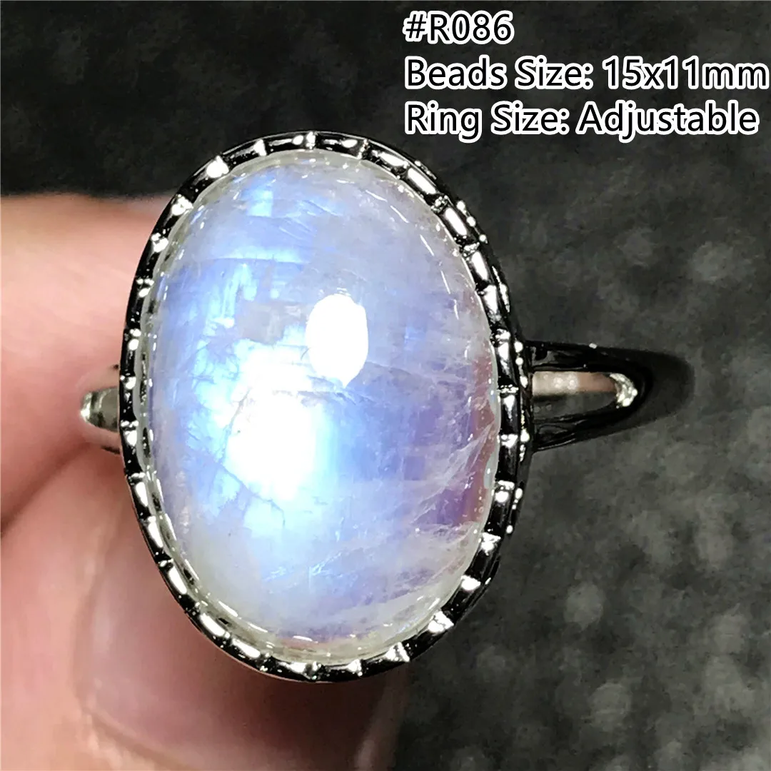 Natural Blue Light Moonstone Ring Silver For Women Healing Luck Gift Crystal Oval Beads Stone Gemstone Adjustable Ring AAAAA