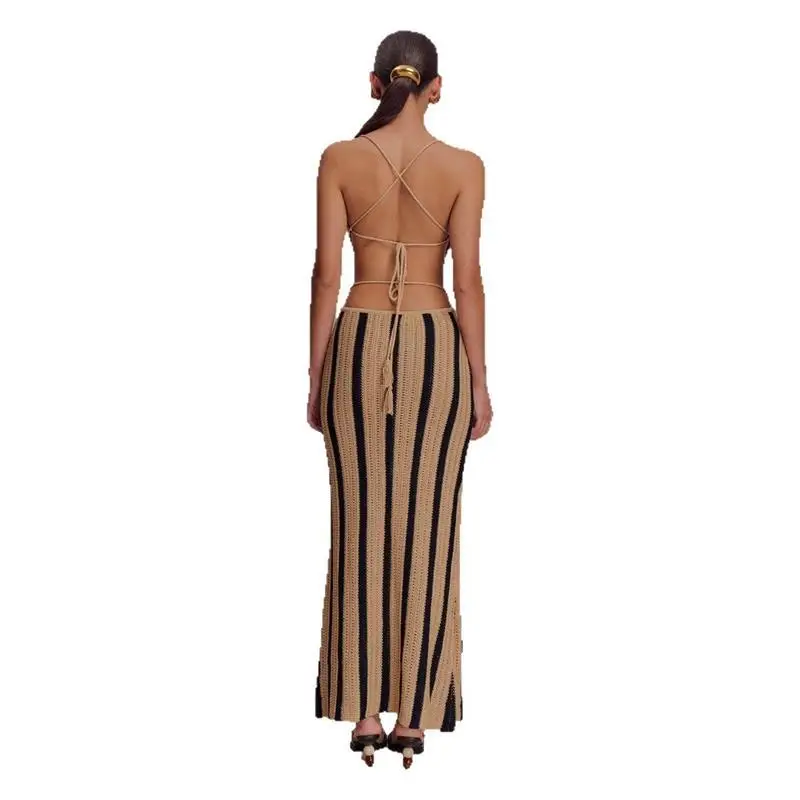 Sexy Bal Striped Long Dr Women's Faion Design Belted Crossbody Skirt High Waist Bodycon Gown for Ci Walk