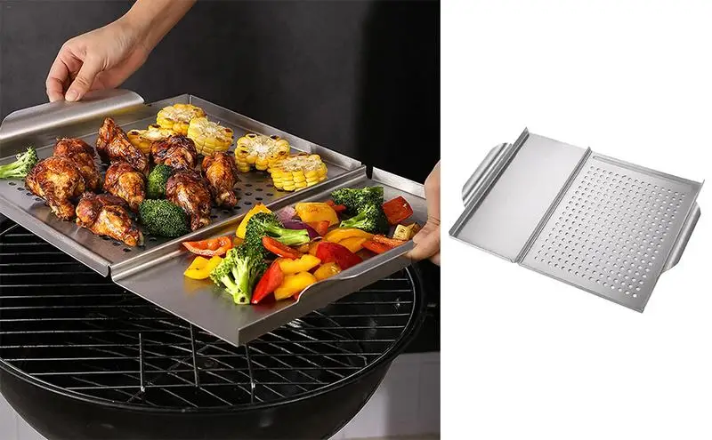 

2 in 1 Stainless Steel Grilling Pan Heavy Duty Vegetable Grill Topper Barbecue Tray Grill Basket for Outdoor Grill Camping