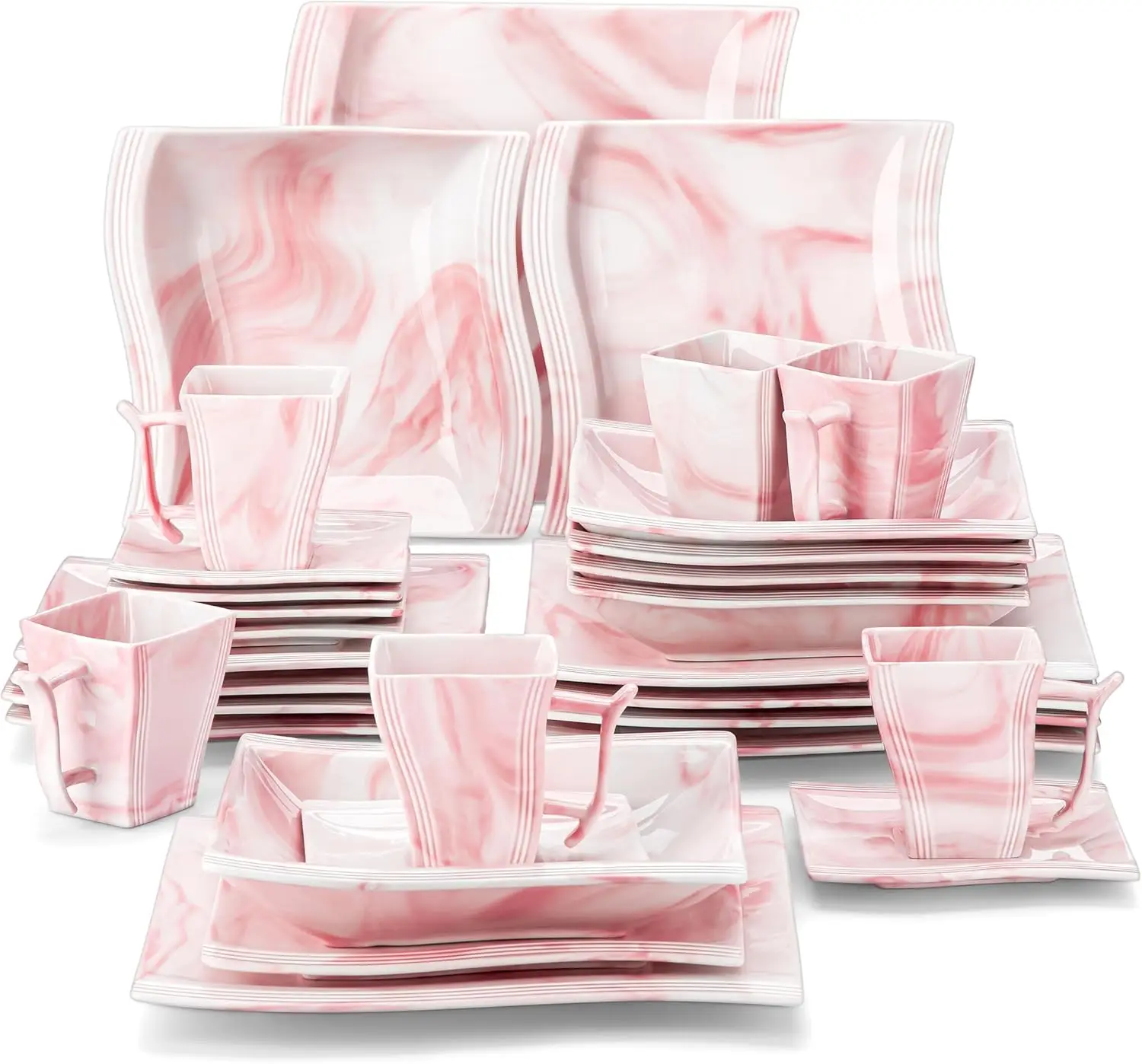 Dinnerware Sets, 30 Piece Pink Plates and Bowls Sets for 6, Porcelain Dinnerware Set with Plates and Bowls, Cups and Sacuers