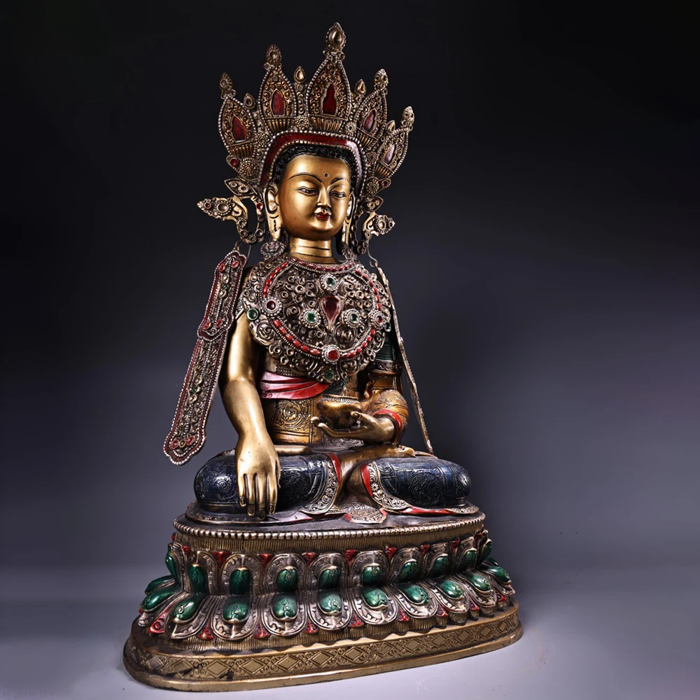 Antique Bronze Painted Tibetan Jowo Buddha Statue Serene Face Heavy Patina Fine Craftsmanship