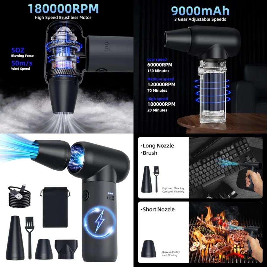 3-Gear Electric Portable Air Duster - 180000RPM Jet Dryer Blower, No Canned Air, Jet Fan for Car Dry, Computer Cleaning
