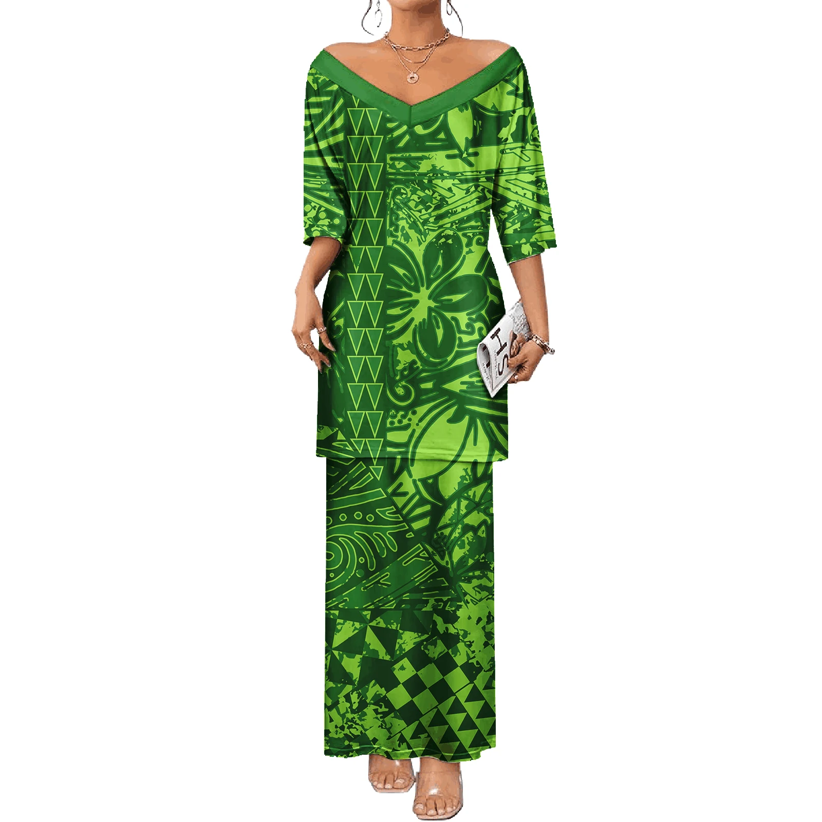 Asia & Pacific Island Clothing V-neck Tops And Skirts 2 Pcs Dress Set Plus Size Elegant Polynesian Women Dresses Puletasi Samoa