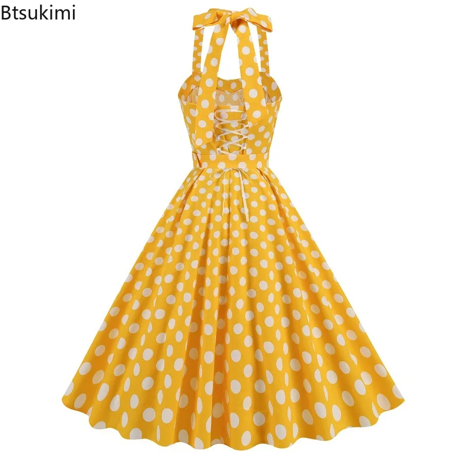 2025 Vintage Casual vrouwen Sexy Strapless Grote Swing Jurk Polka Dot Print Geel Mouwloze Zomerjurk Rockabilly Feestjurk