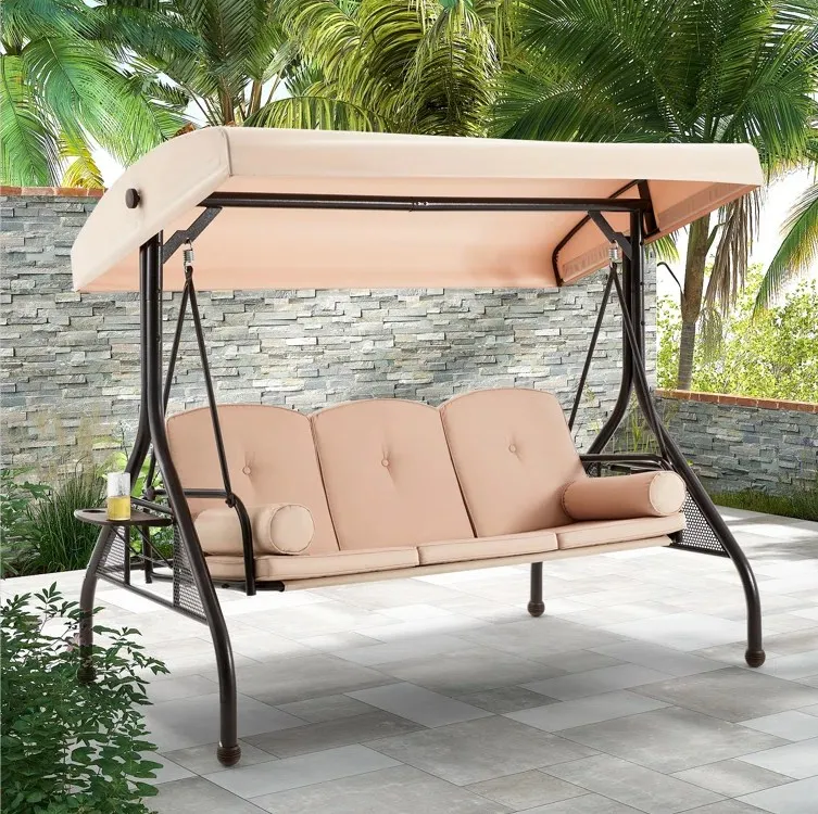 

Canopy Swinging Bench 3 Person Outdoor Patio Swing Chair With Side Pocket Bag Garden Swing