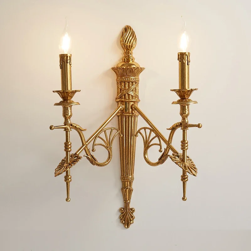 #French wall lamp European luxury villa retro living room dining room study bedroom bedside lamp classical all copper wall lamp