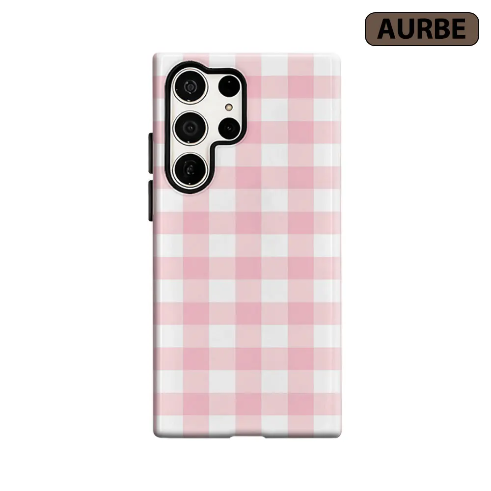 Aurbe Phone Case For Samsung Galaxy S26 S25 S24 S23 Ultra Plus HD Hard Pink & White Gingham Double Layer Film Cover