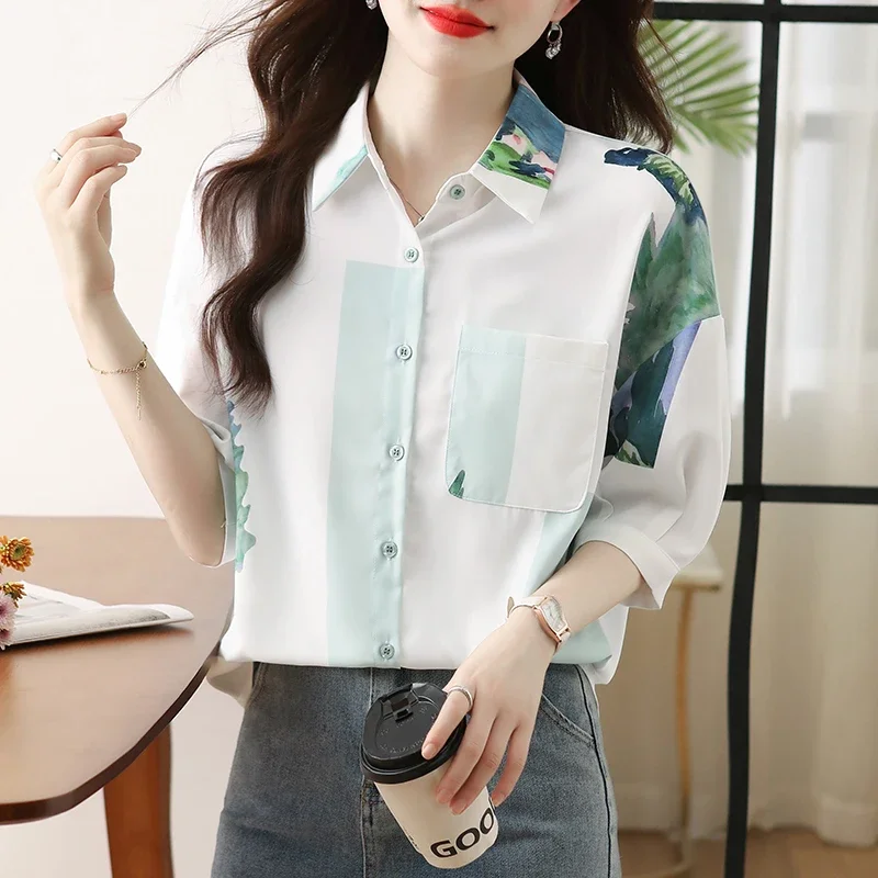 White Printed Short-sleeved Shirt Women's Summer 2024 New Chiffon Loose Tops Blouse Blusas Femininas Elegantes