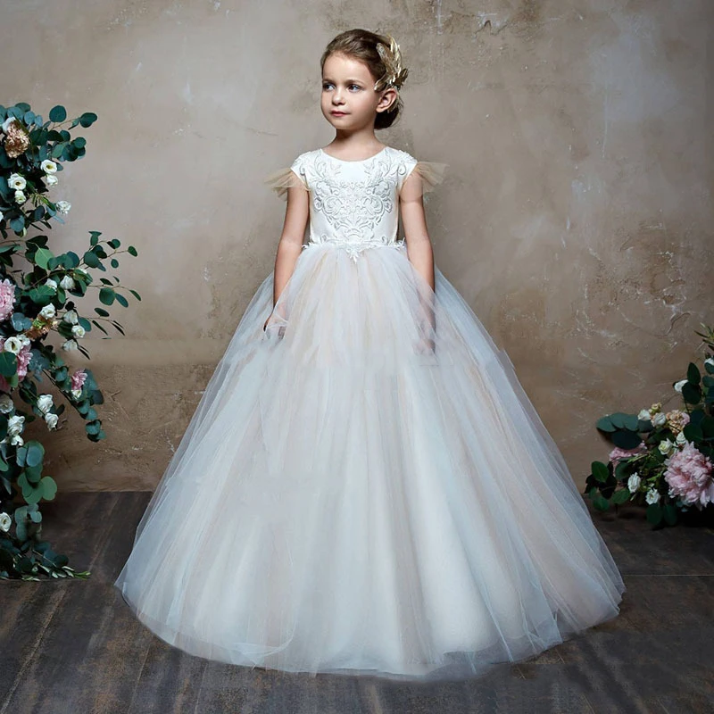 Customized Ball Gown Baby Flower Girl Dresses Appliques Court Train Prom Birthday Party Gowns Princess