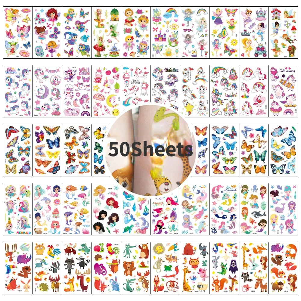 Children's Cartoon Tattoo Stickers, Body Paster, Unicórnio, Borboleta, Sereia, Animal Dinossauro, Oceano, Carro, Crianças, Menina, Menino, 50pcs