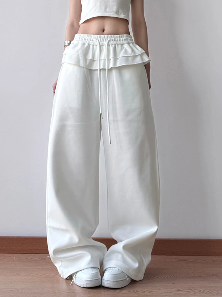 [Vibe] High Elastic Waist Gray Ruffles Drawstring Wide Leg Pants New Trousers Women Fashion Tide Spring Autumn 2025
