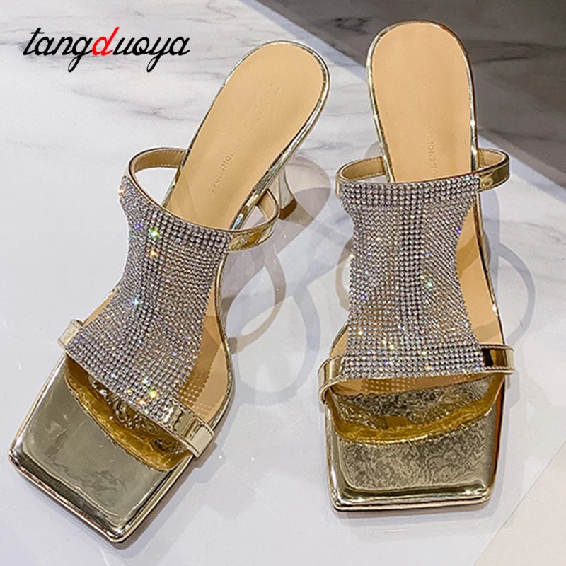 rhinestone gold silver Sequine Thin heel Slippers Women Wedge Slides Slippe0rs Summer Beach Slippers Casual Mules Heels Sandals