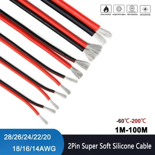Imagen 1 del producto Cable de silicona rojo y negro Flexible súper suave de 2 pines 28AWG 26 24awg 22 20 18 16awg 14awg alambre de cobre estañado resistente al calor