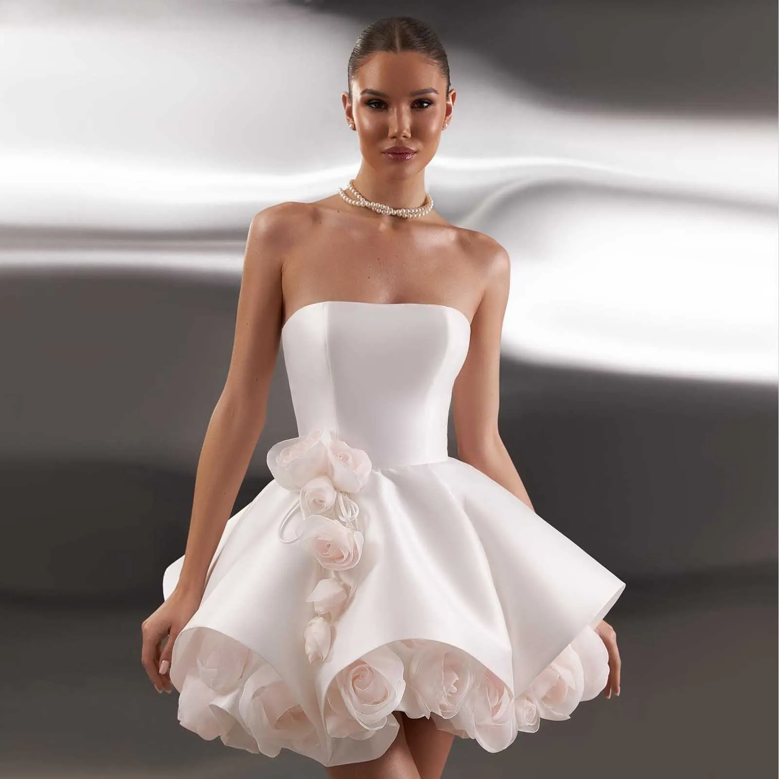 

Couture Modern Mini Satin Ball Gown Dress Pleat 3D Flowers Sleeveless Sexy Strapless Handmade vestidos de fies Short Wedding Gow