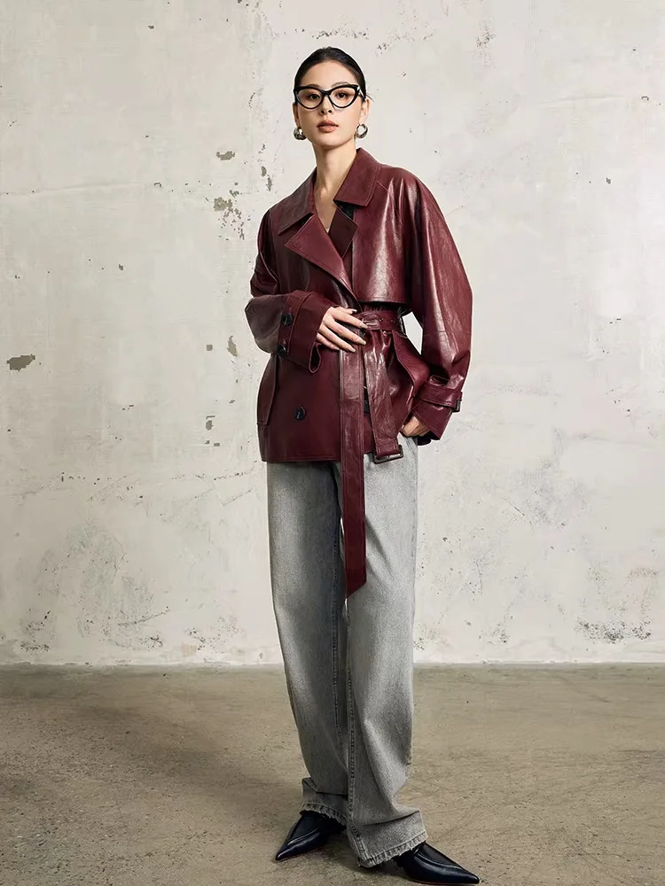 Giacca in vera pelle per abbigliamento donna Cappotto da cintura con colletto sartoriale chic femminile Mujer Oversize Novità in capispalla doppio petto