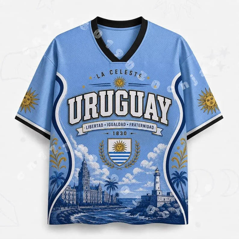 2026 Uruguayan Fan Uniform Football Print Breathable V-neck Mesh Football T-shirt Is A Must-have for Fans Family Kids Tees Tops