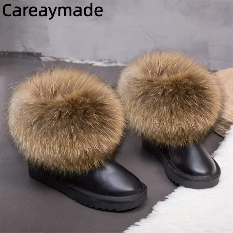 Careaymade-Luxury Winter Snow Boots Women Natural Real Fox Fur Boots Waterproof Genuine Suede Leather Boots Flat Short Boots 12