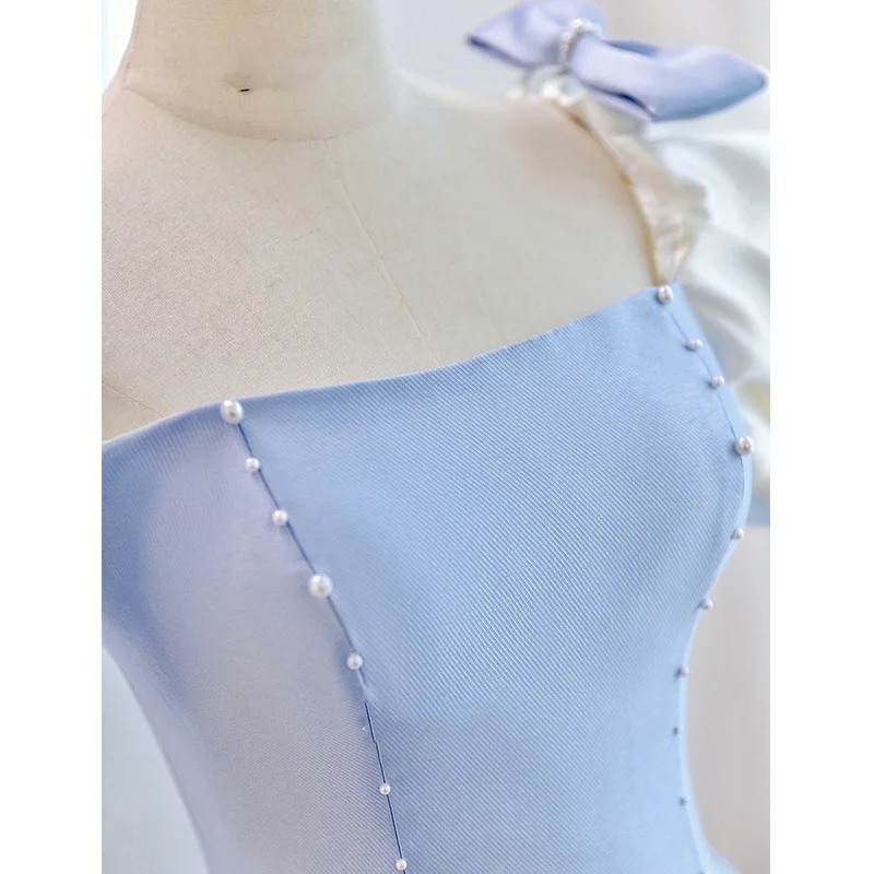 Blauwe vierkante kraag avondjurk eenvoudige lange slanke taille feestjurken strik pofmouwen geplooide prinses galajurken op maat