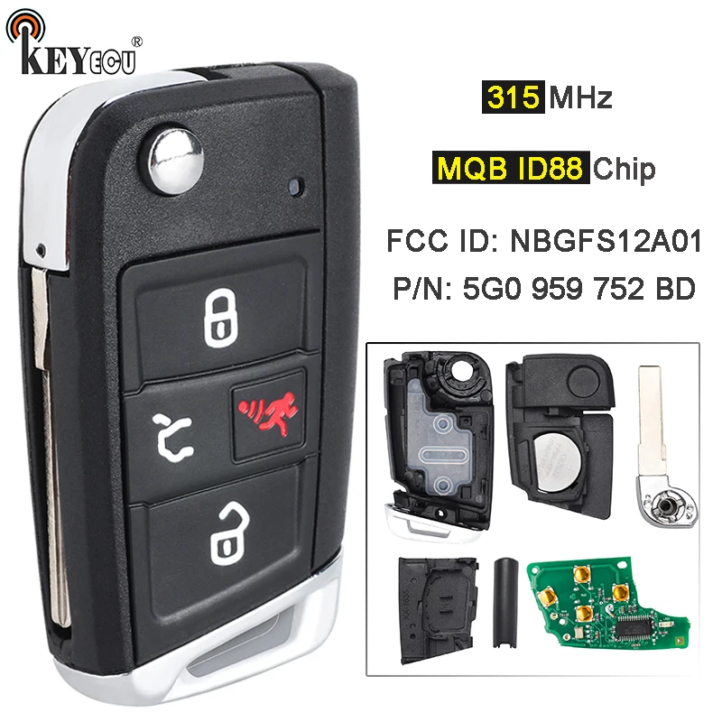 KEYECU 315MHz MQB AES ID88 Chip NBGFS12A01 5G0 959 752 BD Flip Remote Key Fob for Volkswagen VW GTI Golf SportWagen E-Golf