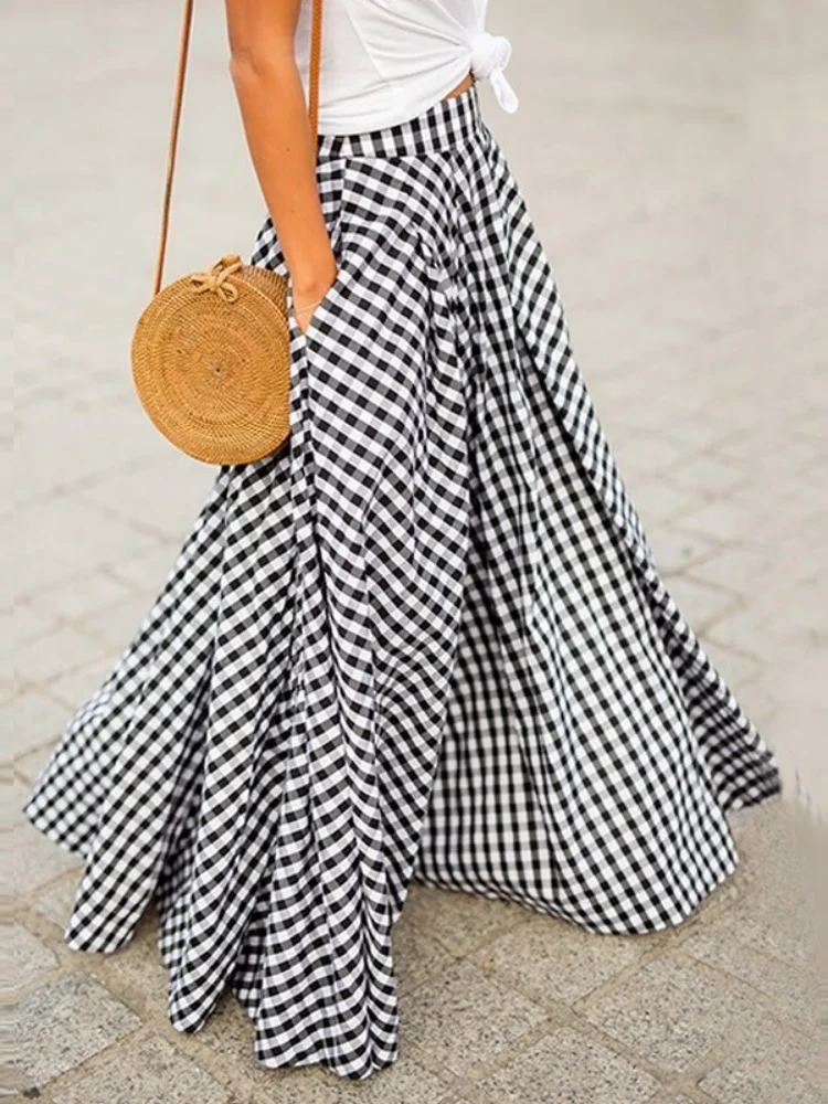 Spring And Summer Women'S Loose Plus Size Fashionable Plaid High Waisted Skirt With Large Skirt And Half Length Skirt