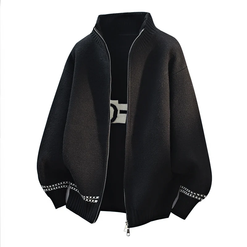 

Мужской повседневный вязаный кардиган свободного кроя, винтажный свитер-пальто на молнии, шерстяная верхняя одежда для отдыха с воротником-стойкой