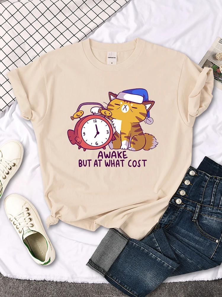 Women T-Shirt Cat Reluctantly Pressed The Alarm Clock Printing Top Females Casual Oversize Clothes Funny Animal Ladies T Shirts