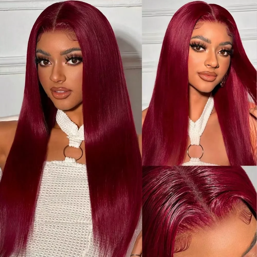 

99J Burgundy Colored Human Hair 13x6 Transparent HD Lace Front Wig 40 42 Inches Brazilian Remy Hair Pre Plucked 13x4 Lace Frontal Wig For Women