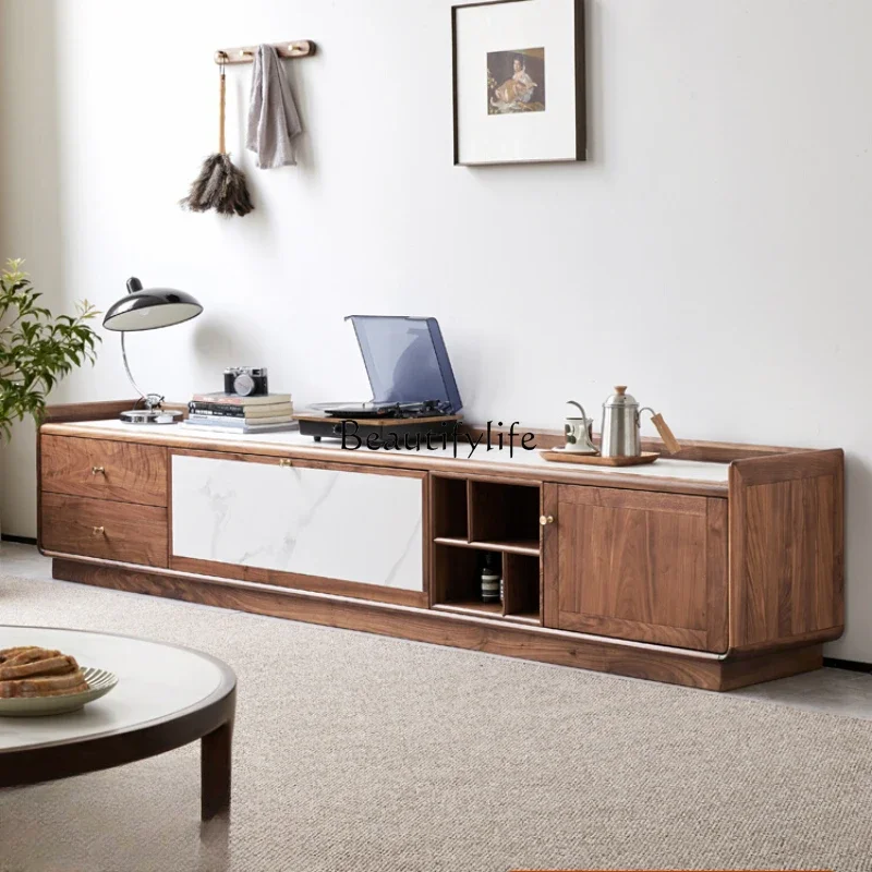 

FG40Nordic Solid Wood TV Cabinet Simple Small Apartment Locker Black Walnut Stone Plate