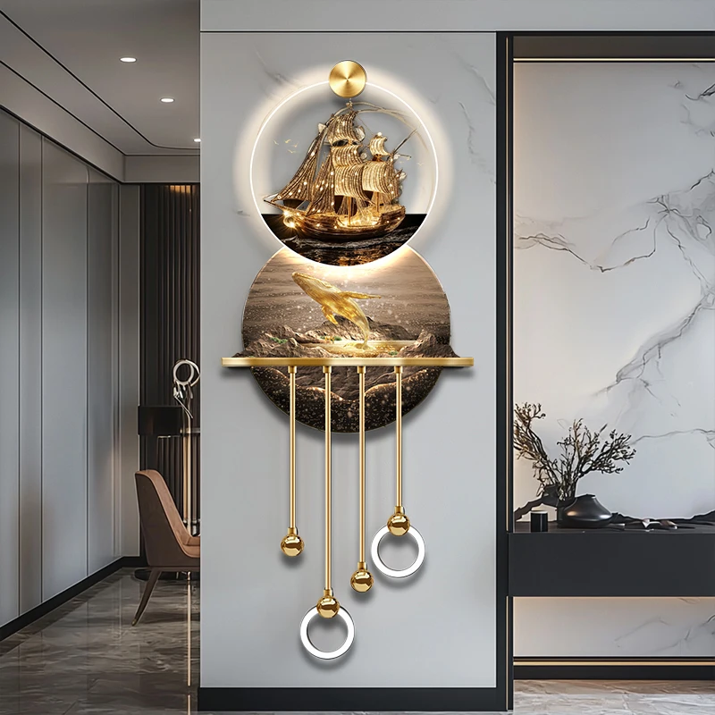 Luxury LED luminous sea mural gold sailboat home decoration wall light acrylic painting and diamond decorative wall art