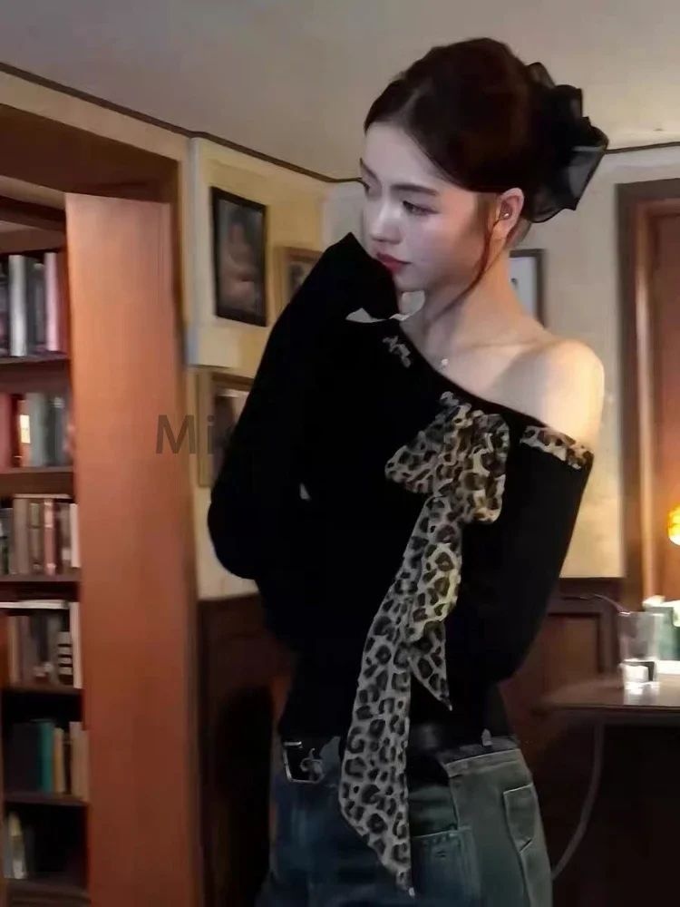 Aesthetic Vintage Slim Long Sleeve Tops Women Y2k Sexy Off Shoulder Solid  Leopard Print Top Gothic Chic Thin Thin T Shirt New