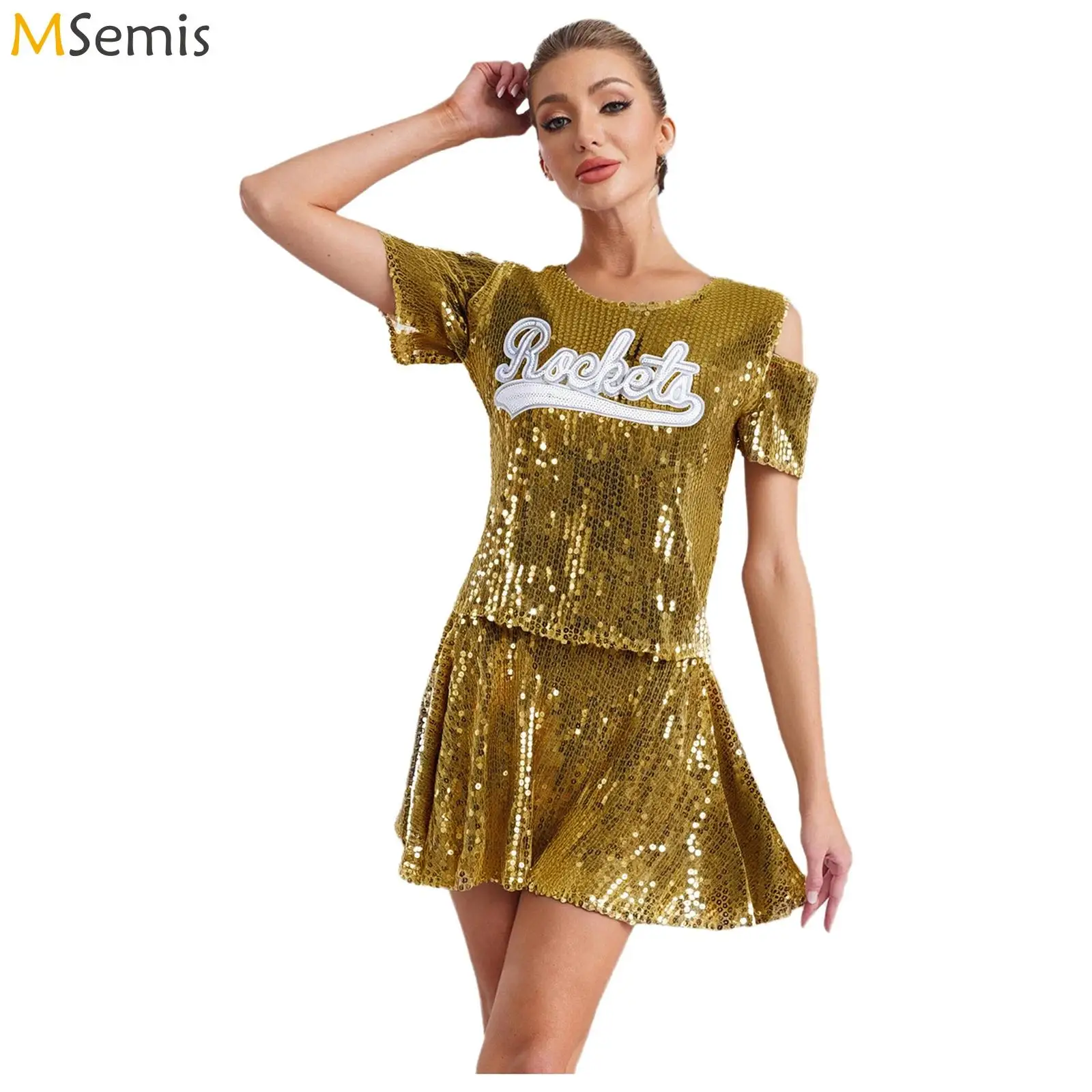 

Womens Shiny Sequin Cheerleader Costume Jazz Dance Performance Outfits Cheerleading Uniform Applique T-shirt And A-line Skirt