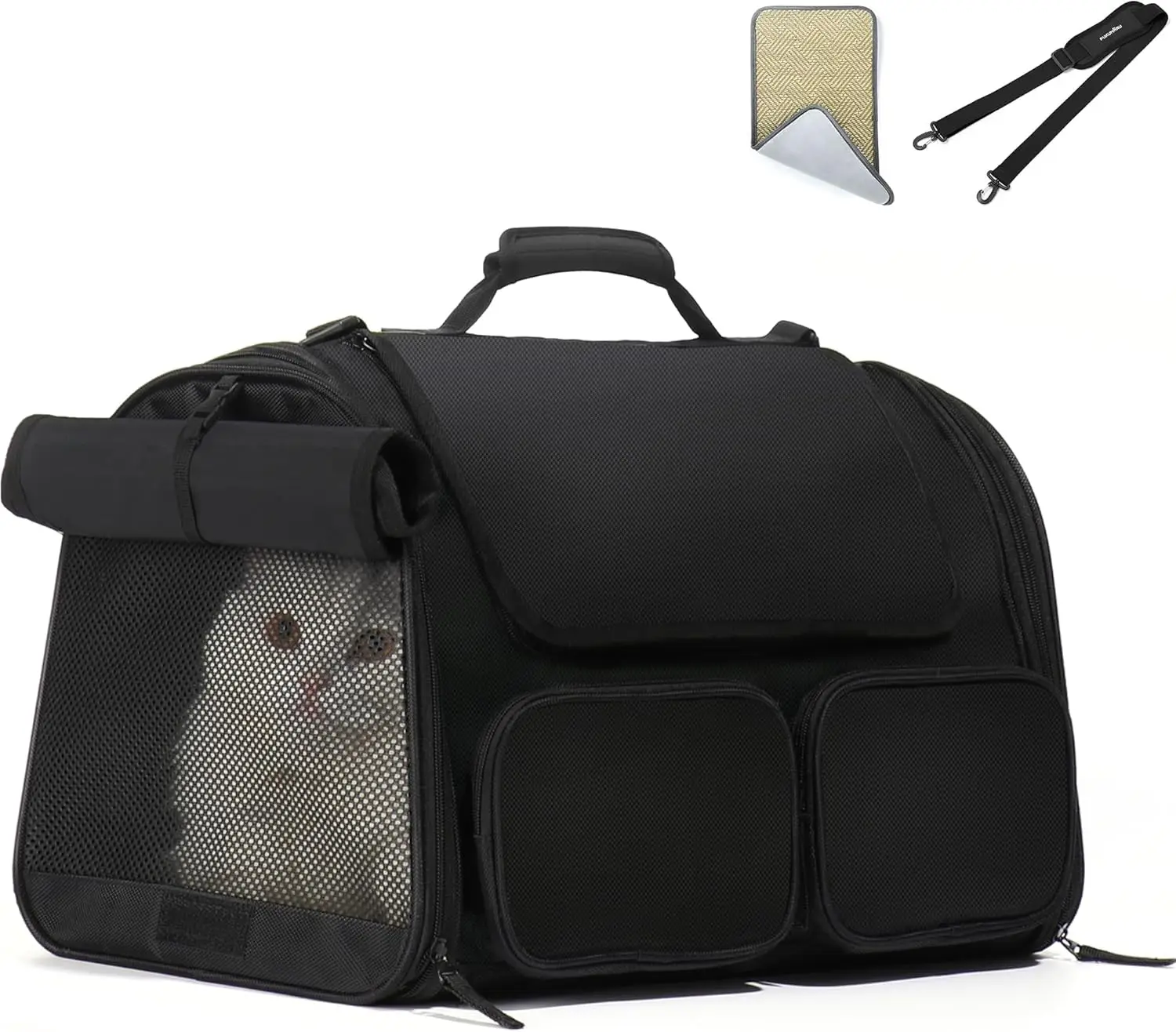 

Carrier, 4 Mesh Windows Small Dog Carrier, 4 Storage Pockets Cat Travel Bag, Under 6.8 Kg Airline Approved Pet Carrier, Rollable