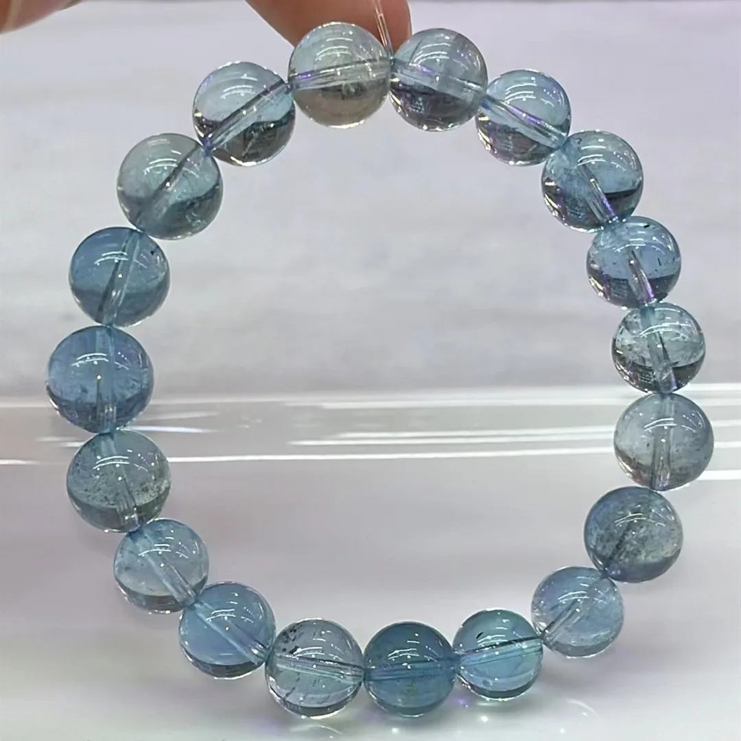 Natural Blue Aquamarine Clear Round Beads Bracelet 10.2mm Women Men Brazil Stretch Blue Aquamarine Jewelry AAAAA