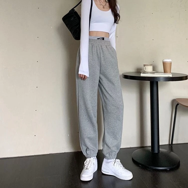 Creative Double Waistband White Harem Pants Women 2026 Early Fall High Waisted Cuffed Slimming Casual Sweatpants