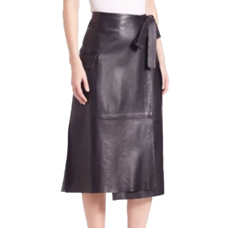 Women's Leather Skirt Genuine Soft Lambskin Leather Below Knee A-Line Skir