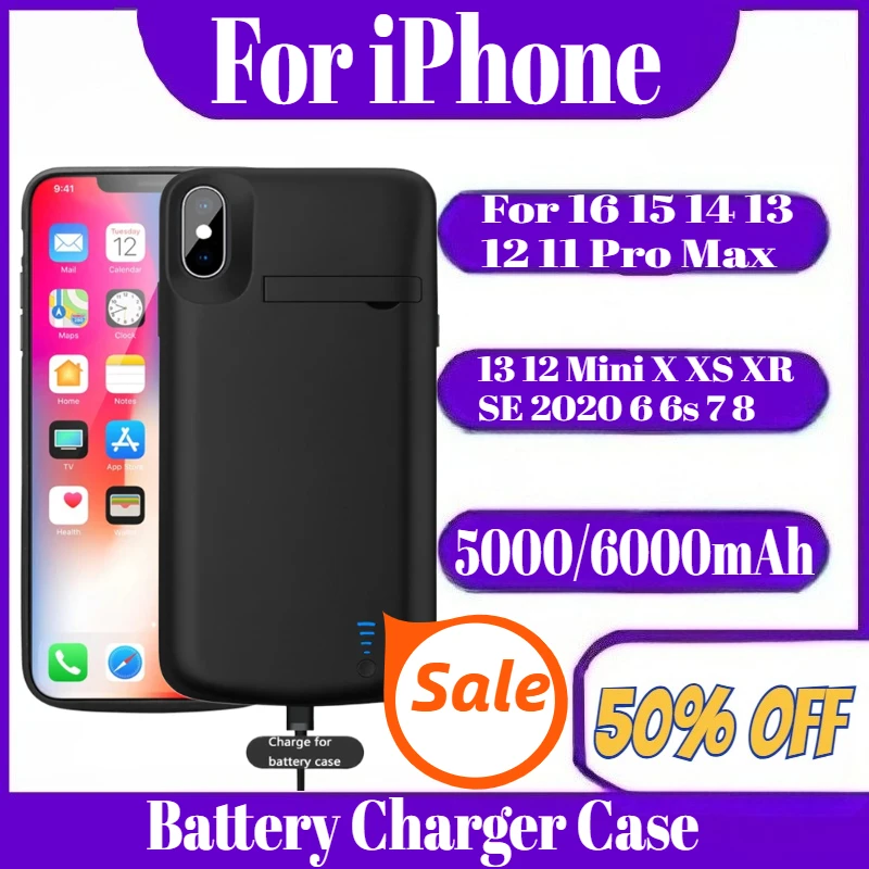 

5000/6000mAh Battery Charger Case for iPhone 16 15 14 13 12 11 Pro Max 13 12 Mini X XS XR SE 2020 6 6s 7 8 Plus Power Bank