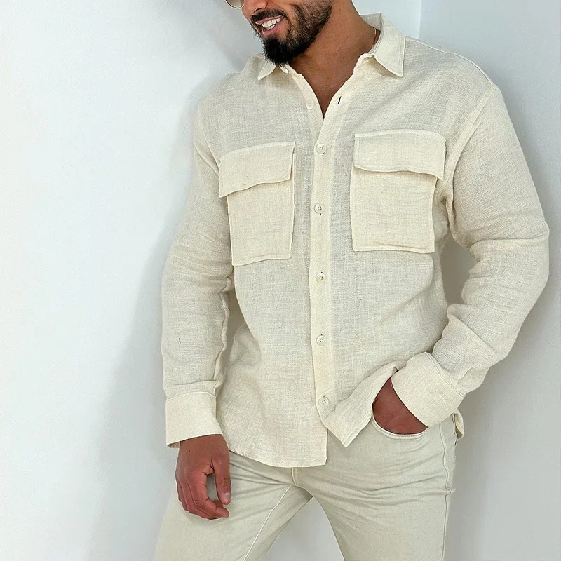 LIBIELIY 2024 New European And American Men's Solid Color Shirt Fashion Casual Street Cotton Cardigan Front Pocket Men's Wear