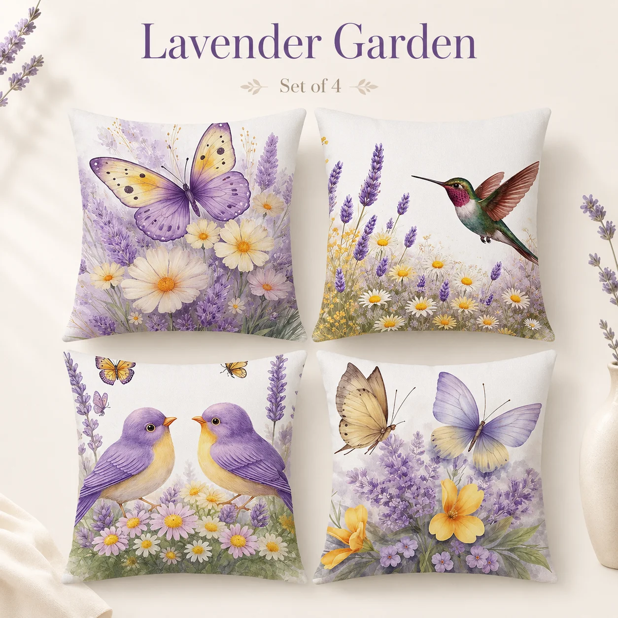 

Lavender Garden Bird Butterfly 2D Flat Printed Peach Skin Cushion Cover Set Of 4 Spring Floral Throw Pillow Case For Sofa Decor