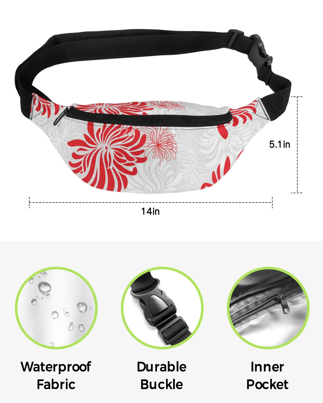 Red Chrysanthemum Texture Waist Bag Women Men Belt Bags Large Capacity Waist Pack Unisex Crossbody Chest Bag