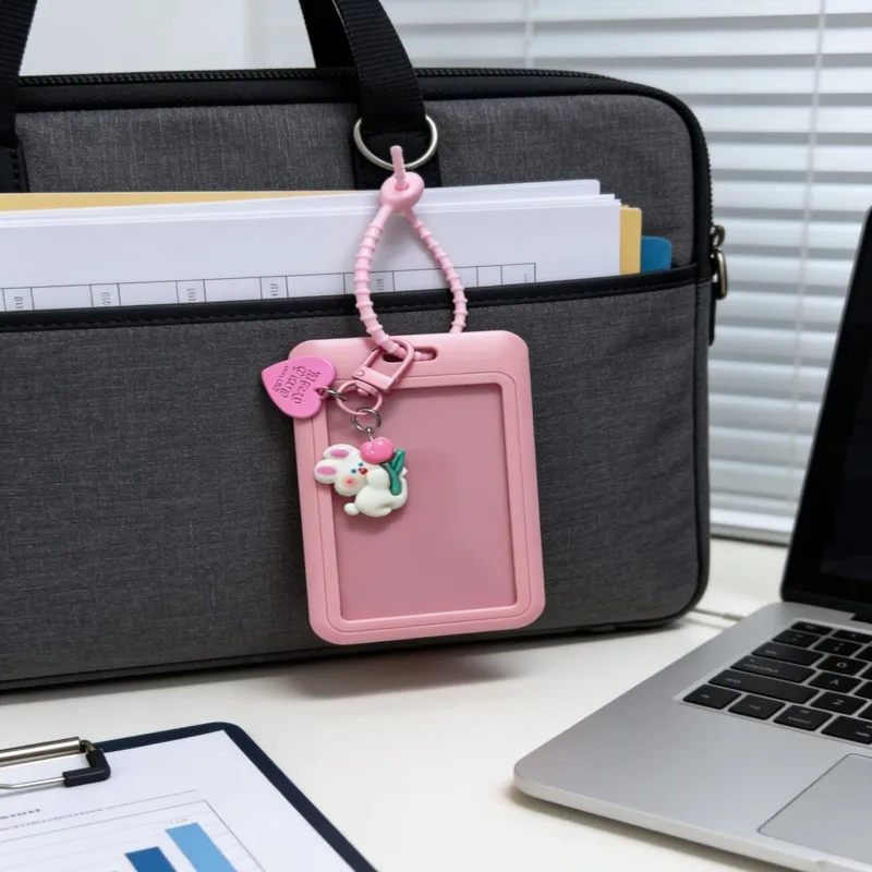 Durable Pass Card Holder - With sliding cover、The durable keychain card holder includes a lanyard and cute bunny and heart penda view 6