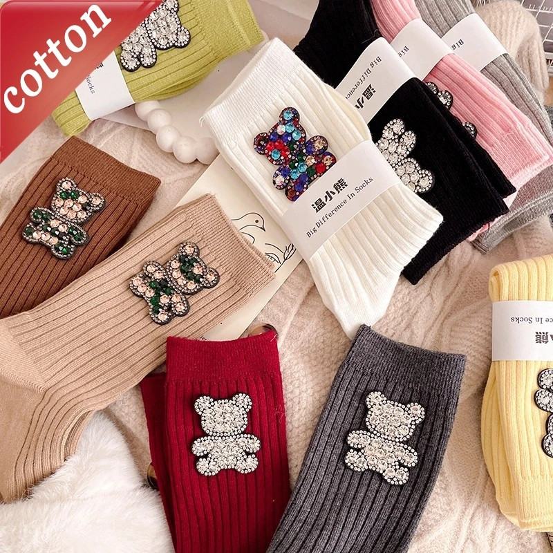

Ladies‘ Socks Korean Rhinestone Teddy Bear Shiny Kawaii Sweet Kawaii High-quality Comfortable Breathable Cotton Socks For Girl