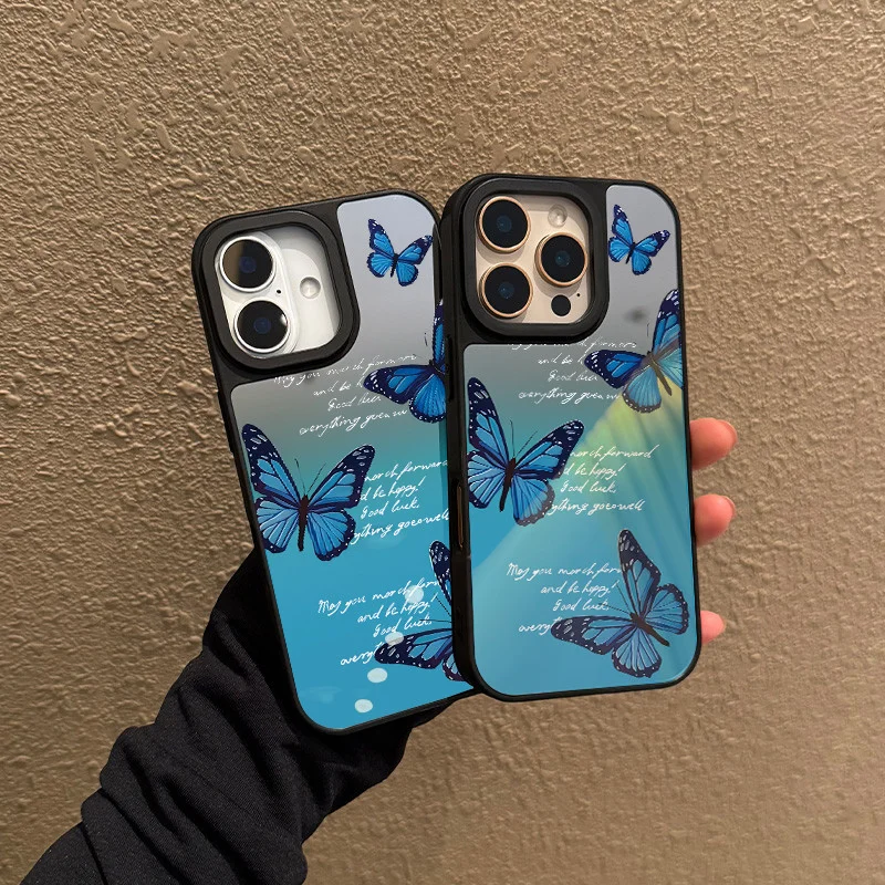 เคสกระจกคุณภาพสูงสำหรับ iPhone 11 12 13 14 15 16 17Pro Max Plus Series ลายผีเสื้อไล่สีน้ำเงิน เคสโทรศัพท์แบบกระจก