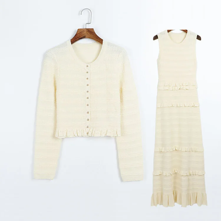 

French Vintage Cream Knit 2 Piece Set Women Elegant Ruffle Cardigan Tiered Maxi Dress 2026 Summer Coquette Quiet Luxury Vestidos