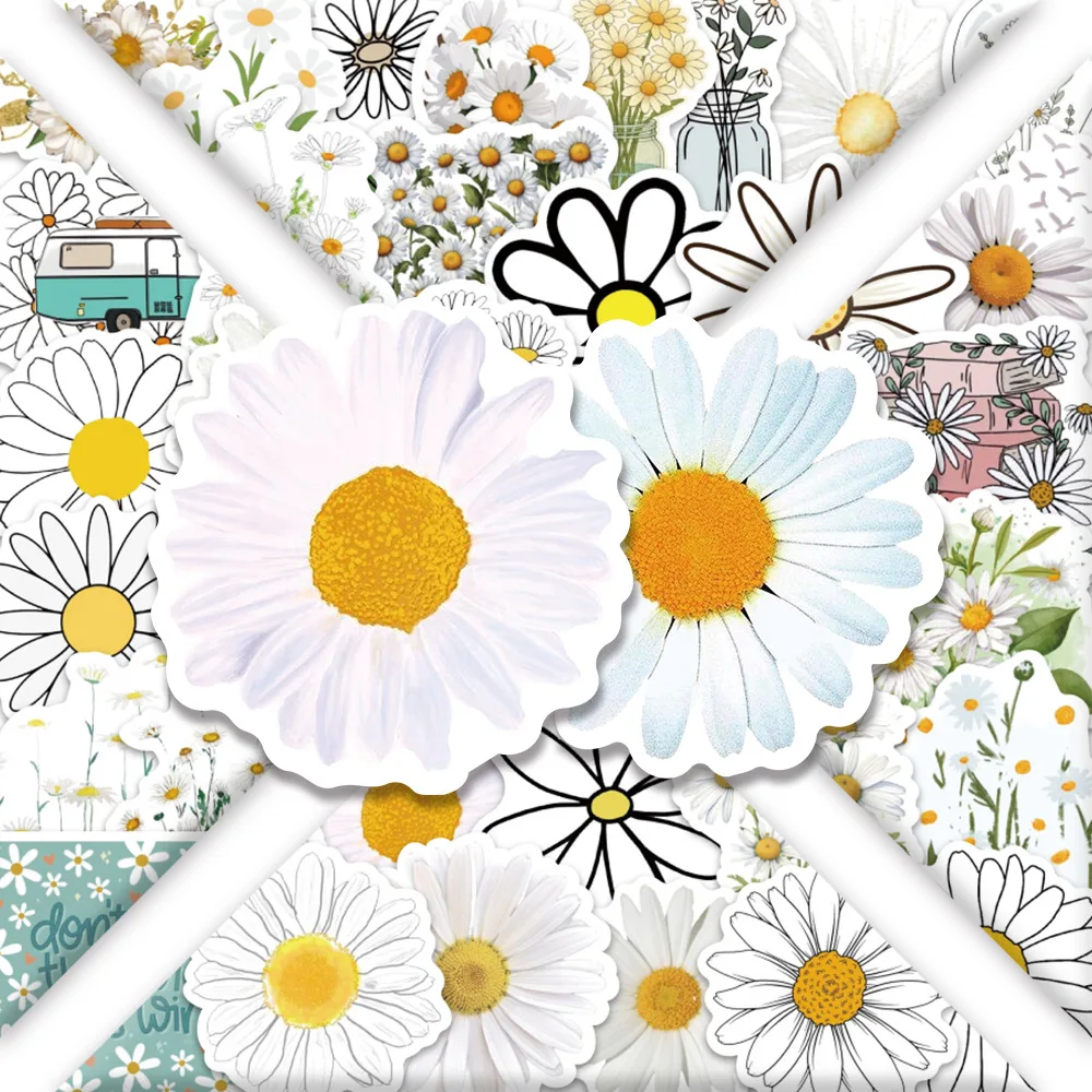 

10/30/60PCS INS Style White Daisy Flower Cartoon Graffiti Sticker Decorative Pencil Case Refrigerator Water Cup Guitar Decal