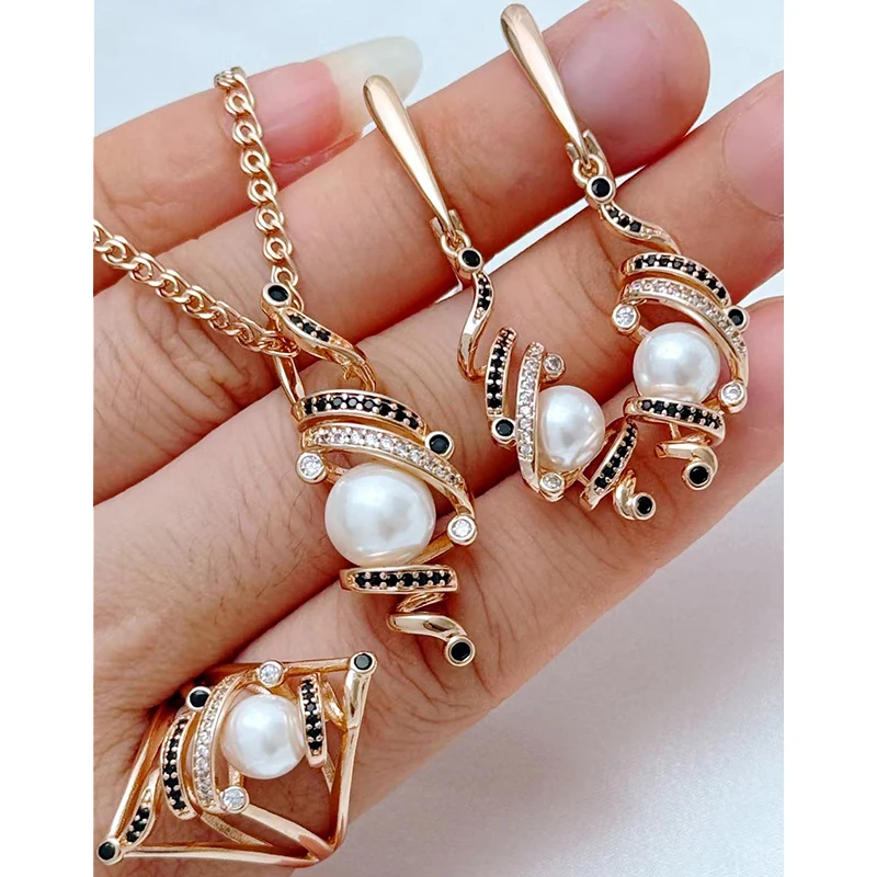 Kinel Hot 585 Rose Gold Farbe Ring Ohrringe Halskette für Frauen Mode Weiß Mit Schwarz Natürlichen Zirkon Vintage Perle Schmuck set