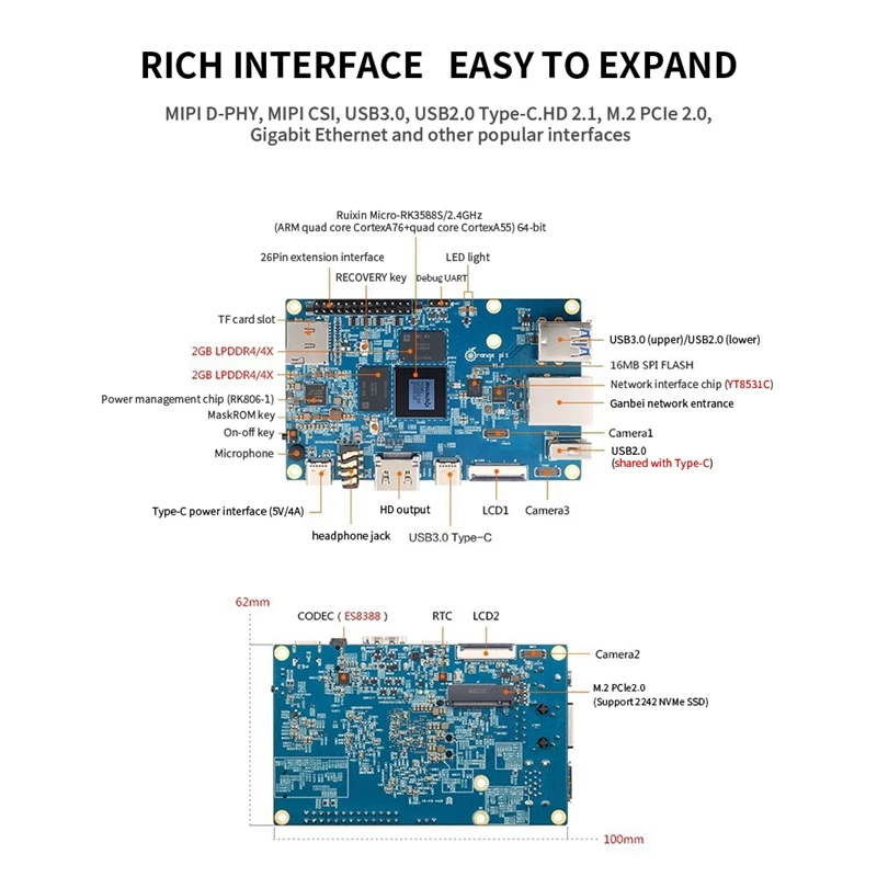 Voor Oranje Pi 5 Development Board + Metalen Case Kit Rk 3588S 8-Core Arm 64bit Ram 8K Gigabit Wifi + Bt Development Board