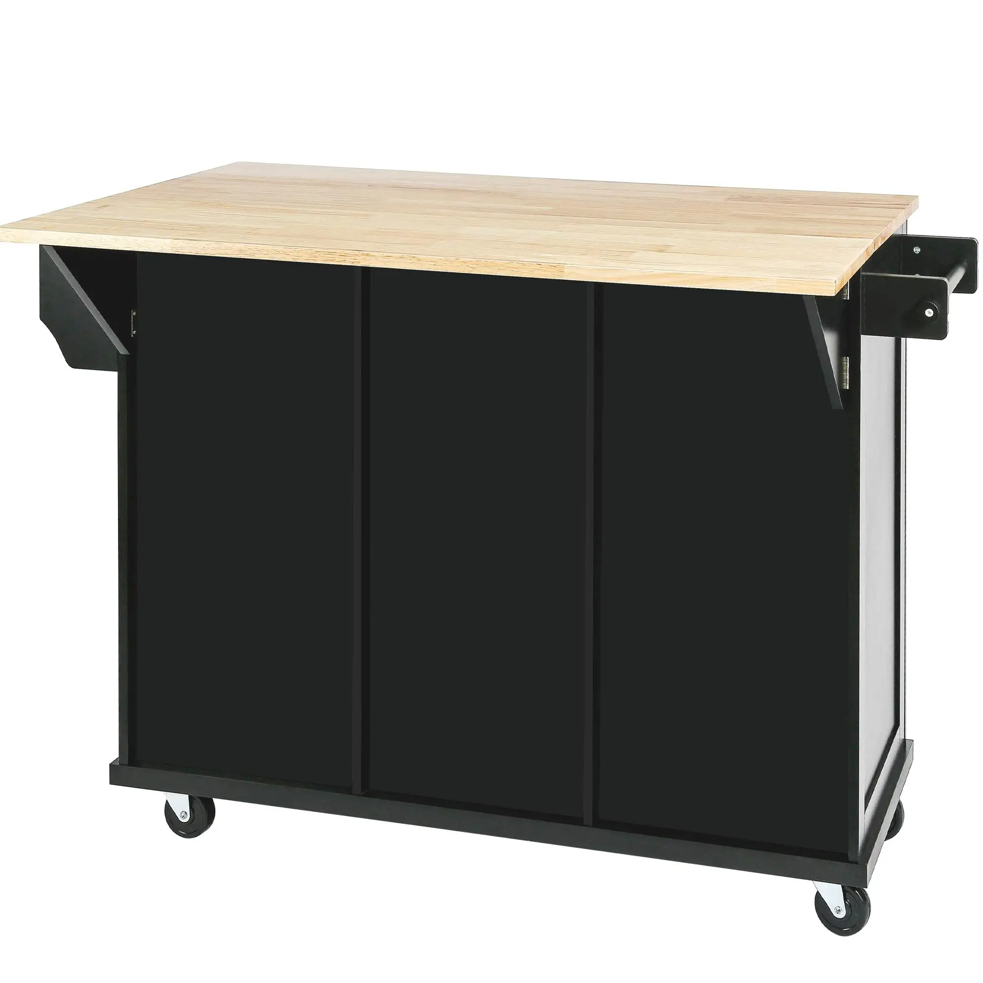 Black Kitchen Cart with Rubber Wood Drop-Leaf Countertop, Storage Cabinet & 3 Drawers on 5 Wheels - Ideal for Dining Room